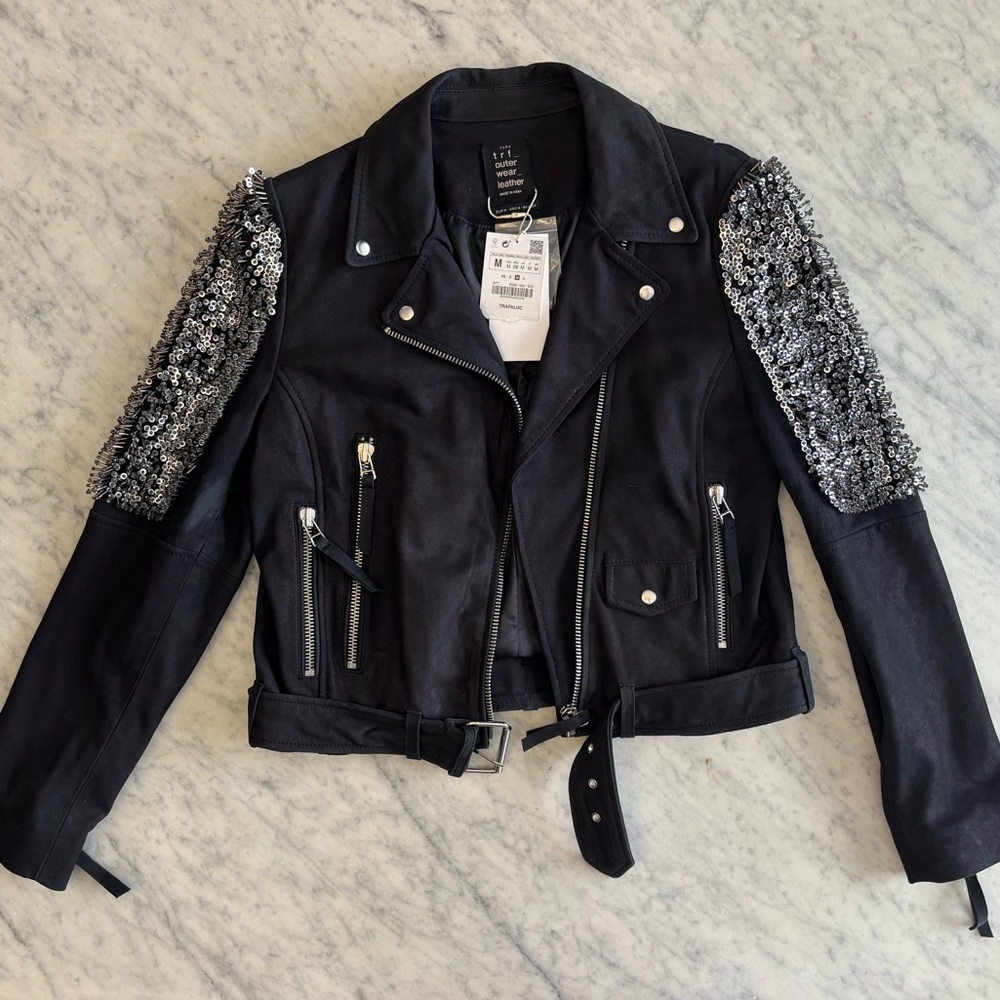 Black Embellished Women's Leather Jacket